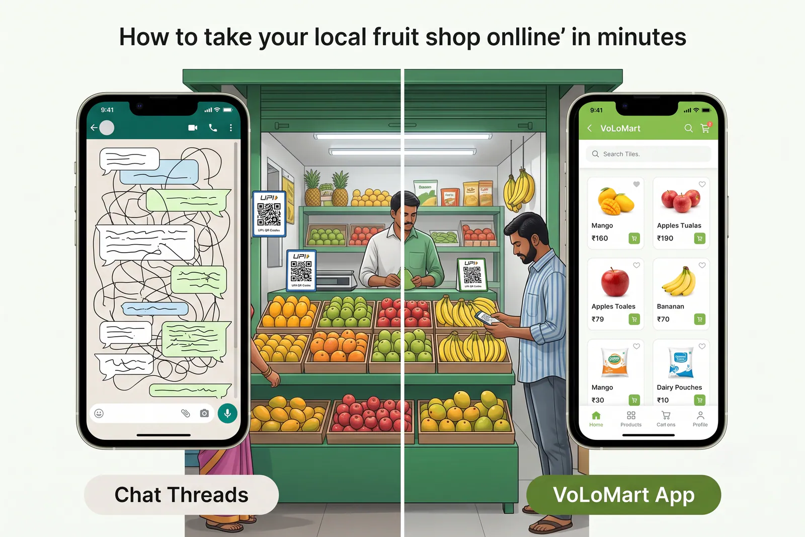 Comparison graphic showing messy chat ordering versus clean app-based catalog