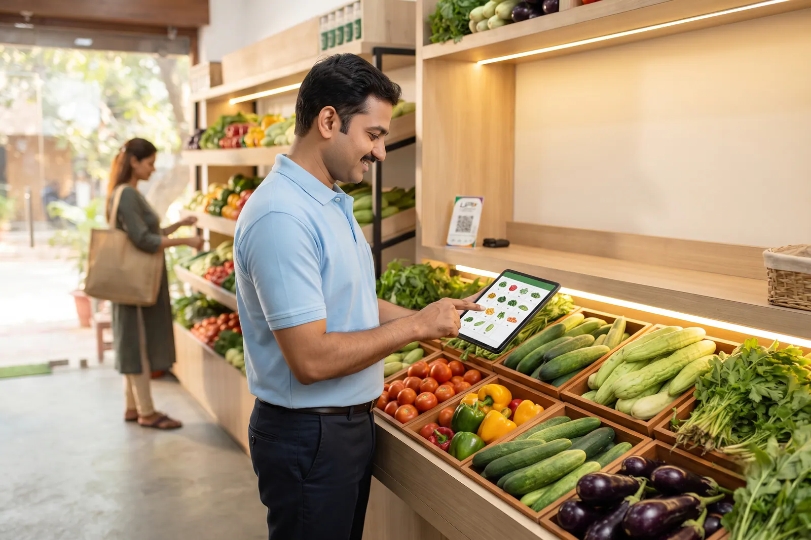 Vegetable store owner updating fresh produce prices on a mobile catalogue
