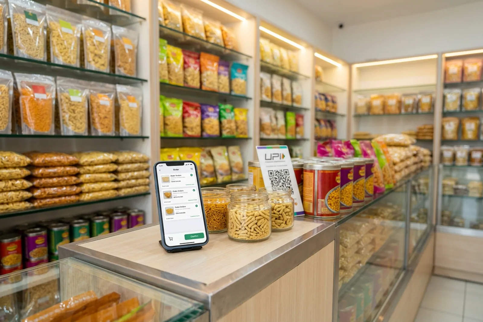 Clean modern farsan display counter with organized packaging and a smartphone showing digital orders