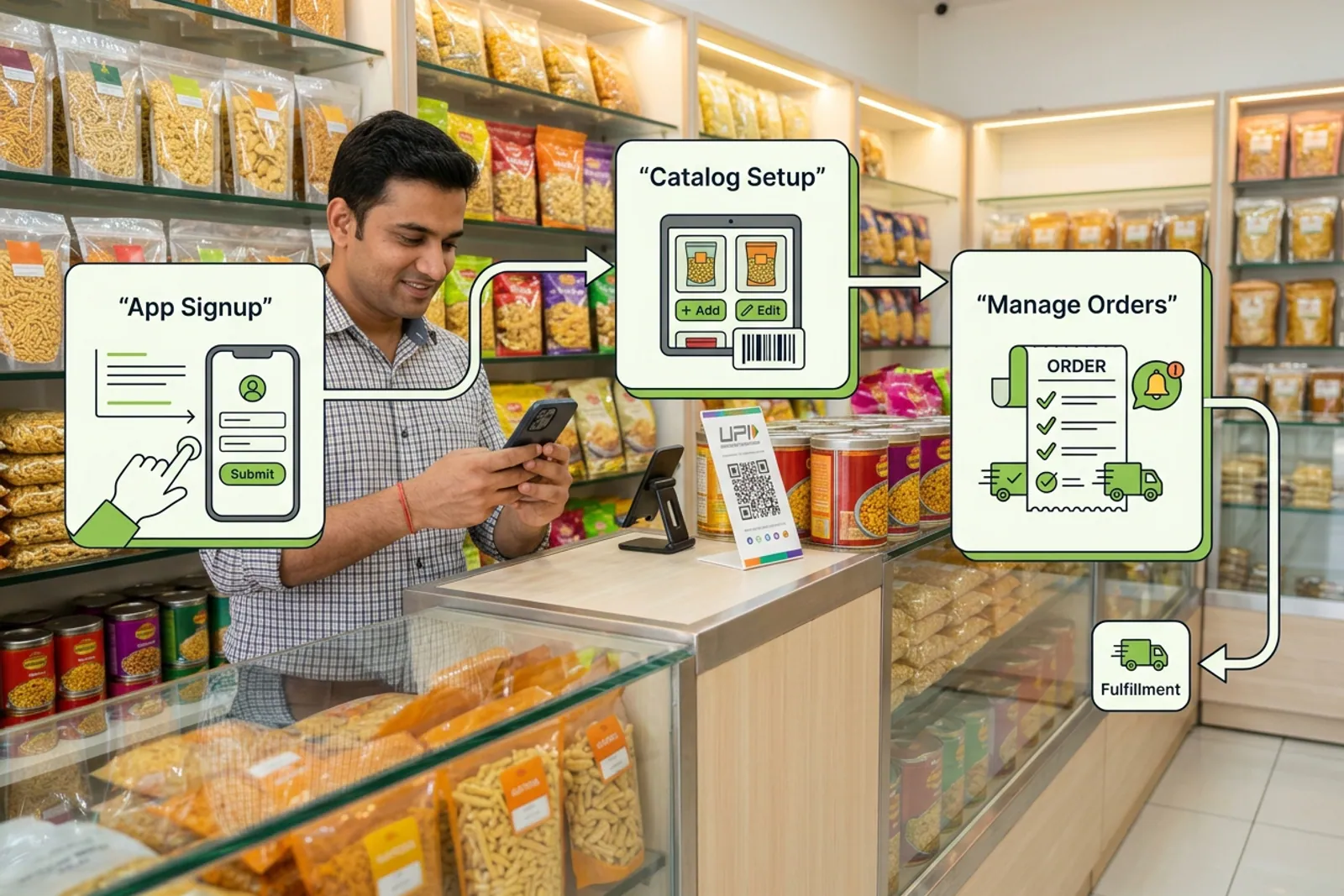 Step by step process diagram showing vendor app onboarding, catalog creation, and order management