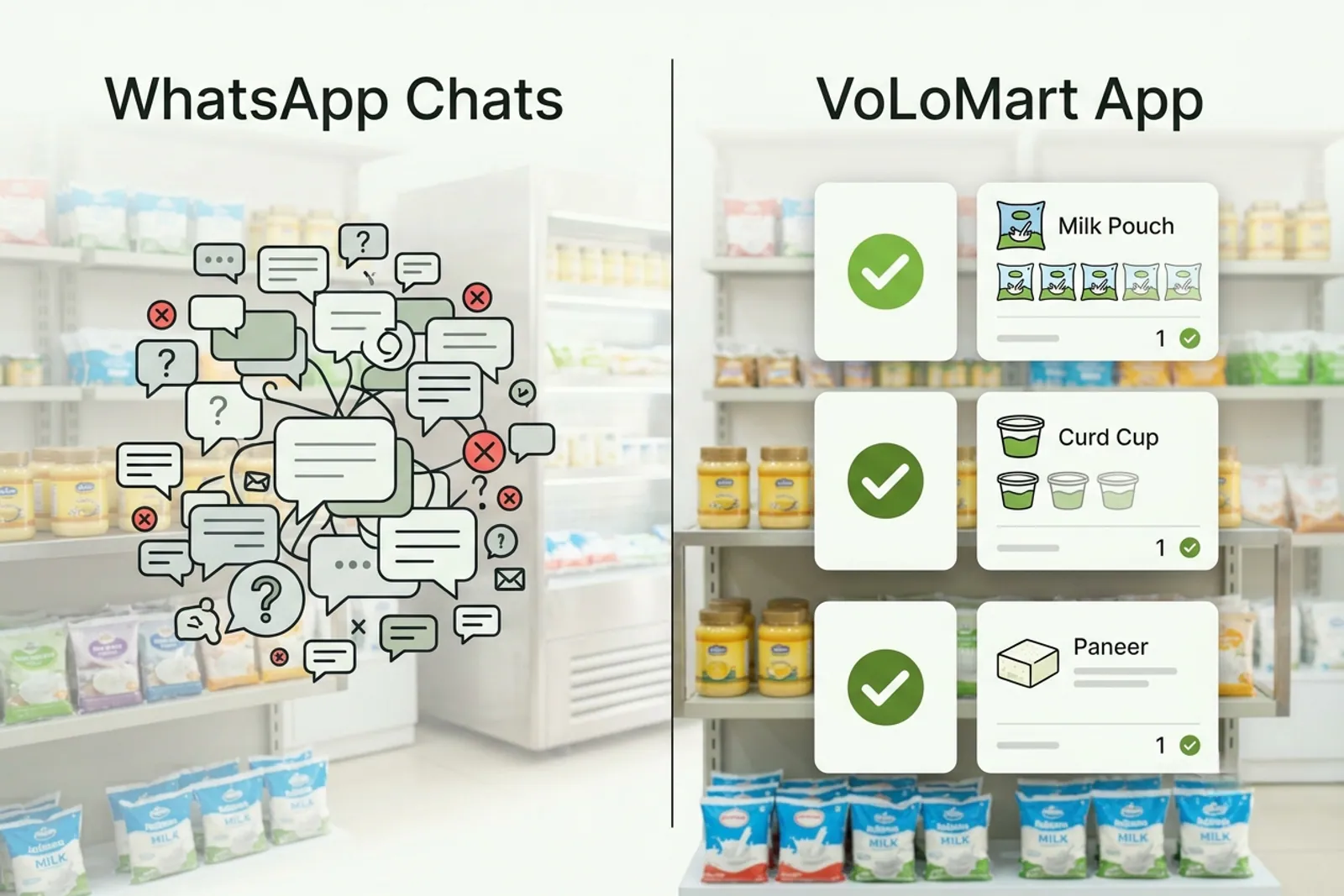 Comparison graphic showing chaotic WhatsApp dairy orders versus structured online dairy shop orders