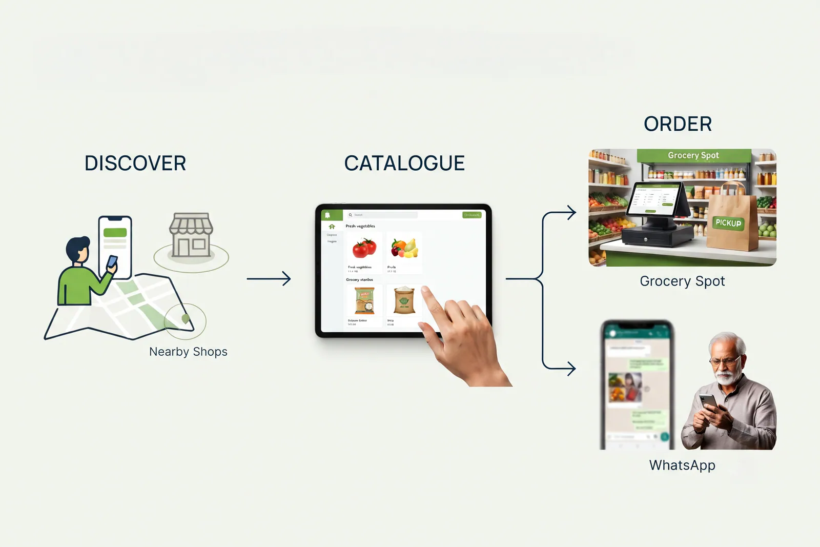Process diagram showing how customers discover local shops and place structured orders