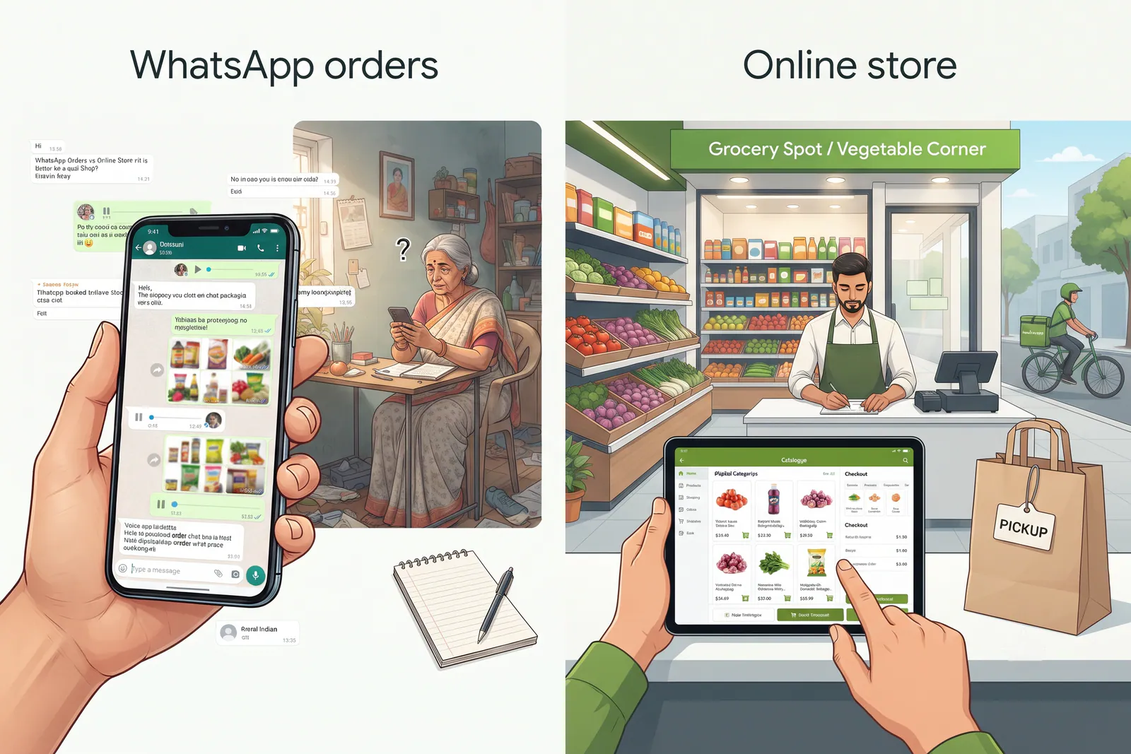 Comparison graphic showing messy WhatsApp chat versus clean digital catalogue storefront
