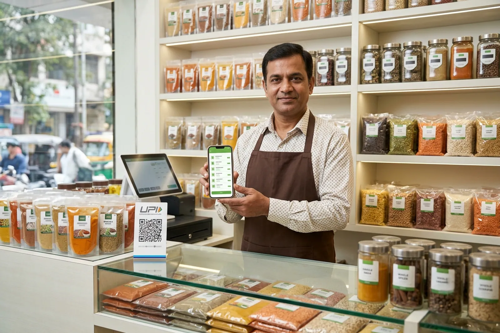 Kirana shop owner managing digital orders on a smartphone in a bright Indian neighbourhood store