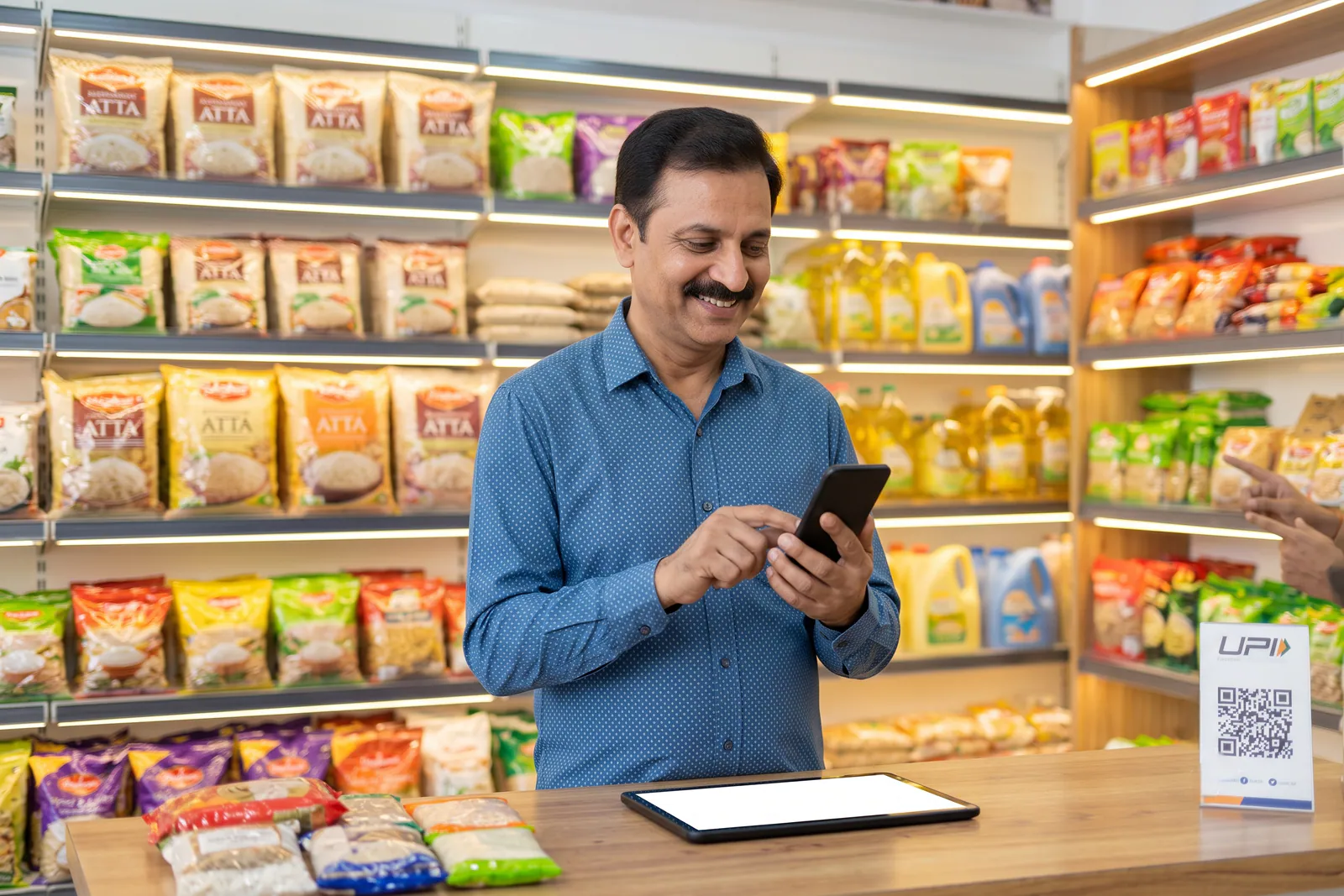Indian shopkeeper managing online orders on a smartphone at a grocery counter