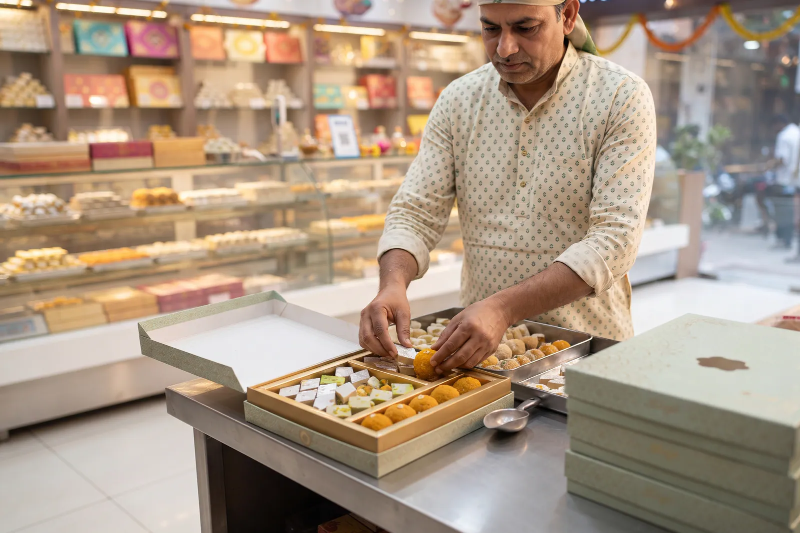 Halwai packing festival sweet boxes for online mithai orders Navratri Diwali