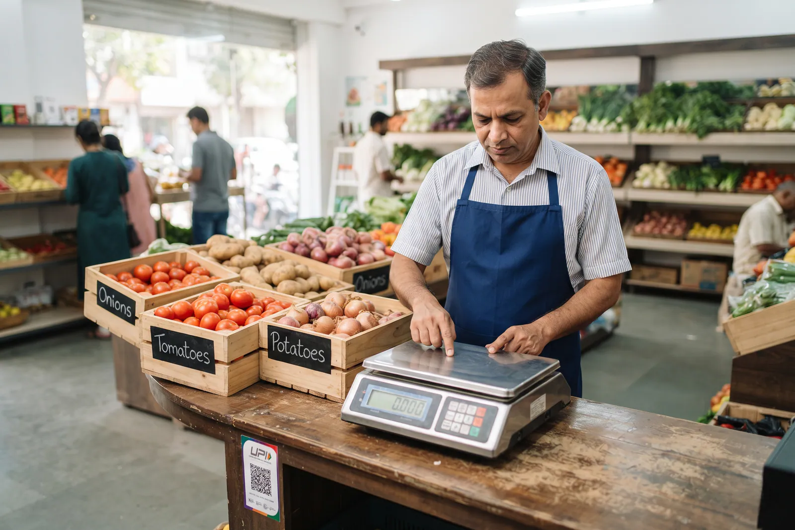 Shopkeeper zeroing a digital scale beside labelled vegetable crates
