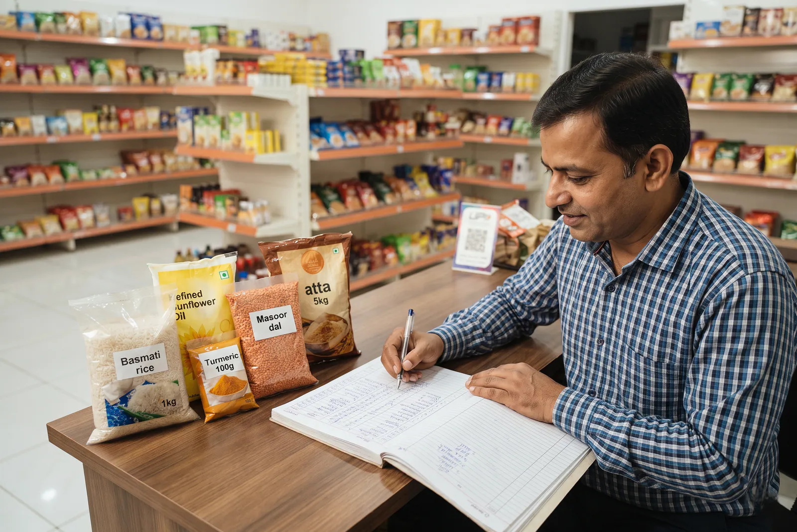 Shopkeeper checking inventory ledger alongside grocery packs in a neighbourhood store