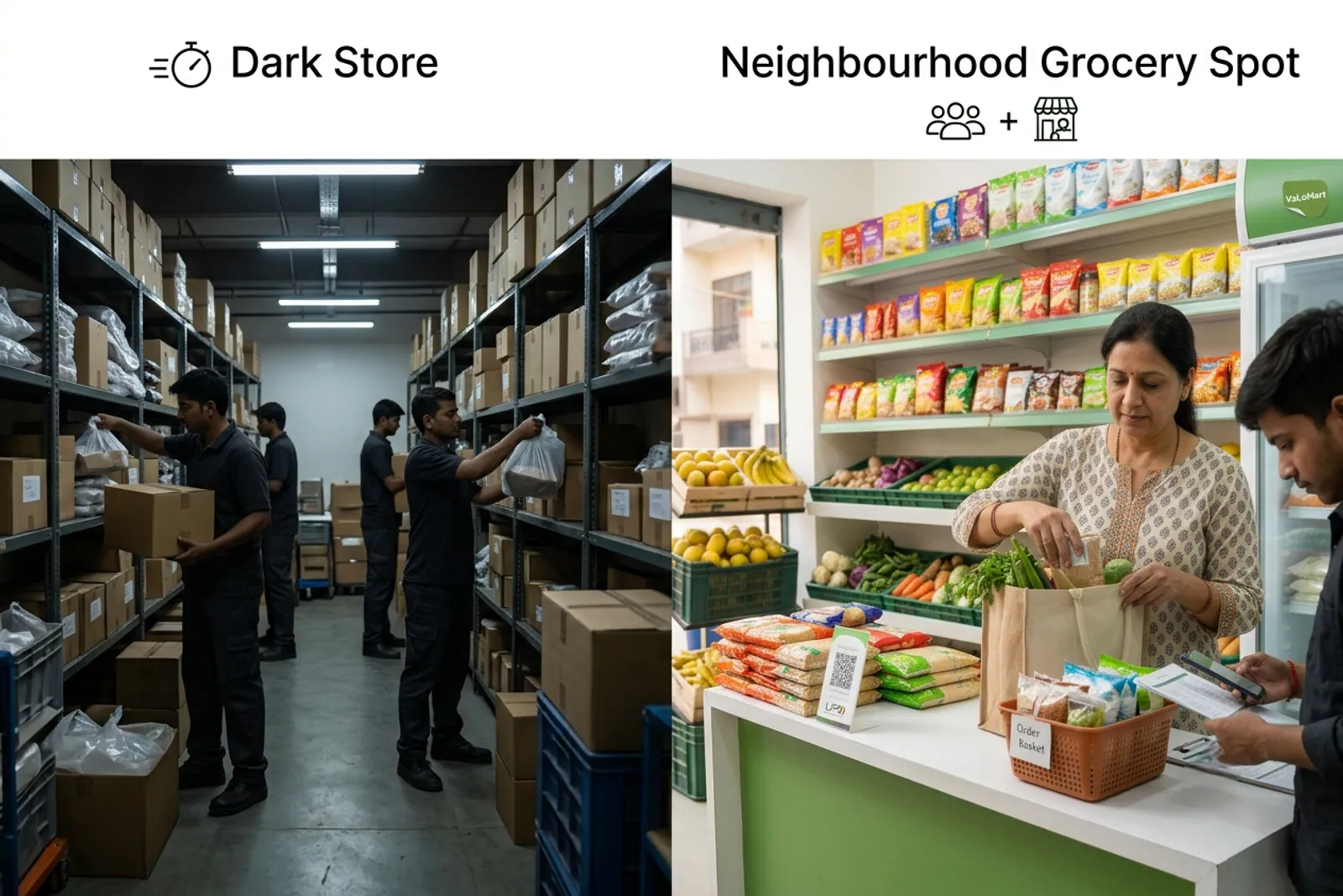 Comparison graphic showing dark-store packing versus neighbourhood shop counter service