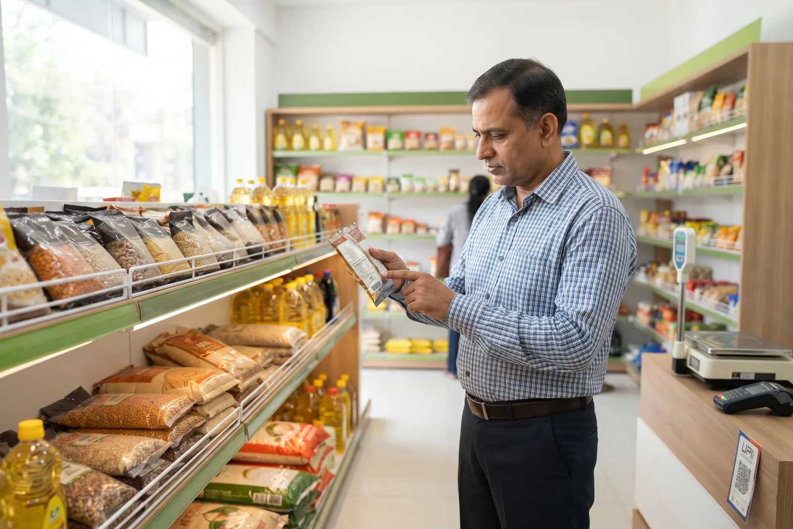 Shopkeeper checking package expiry dates on a grocery shelf