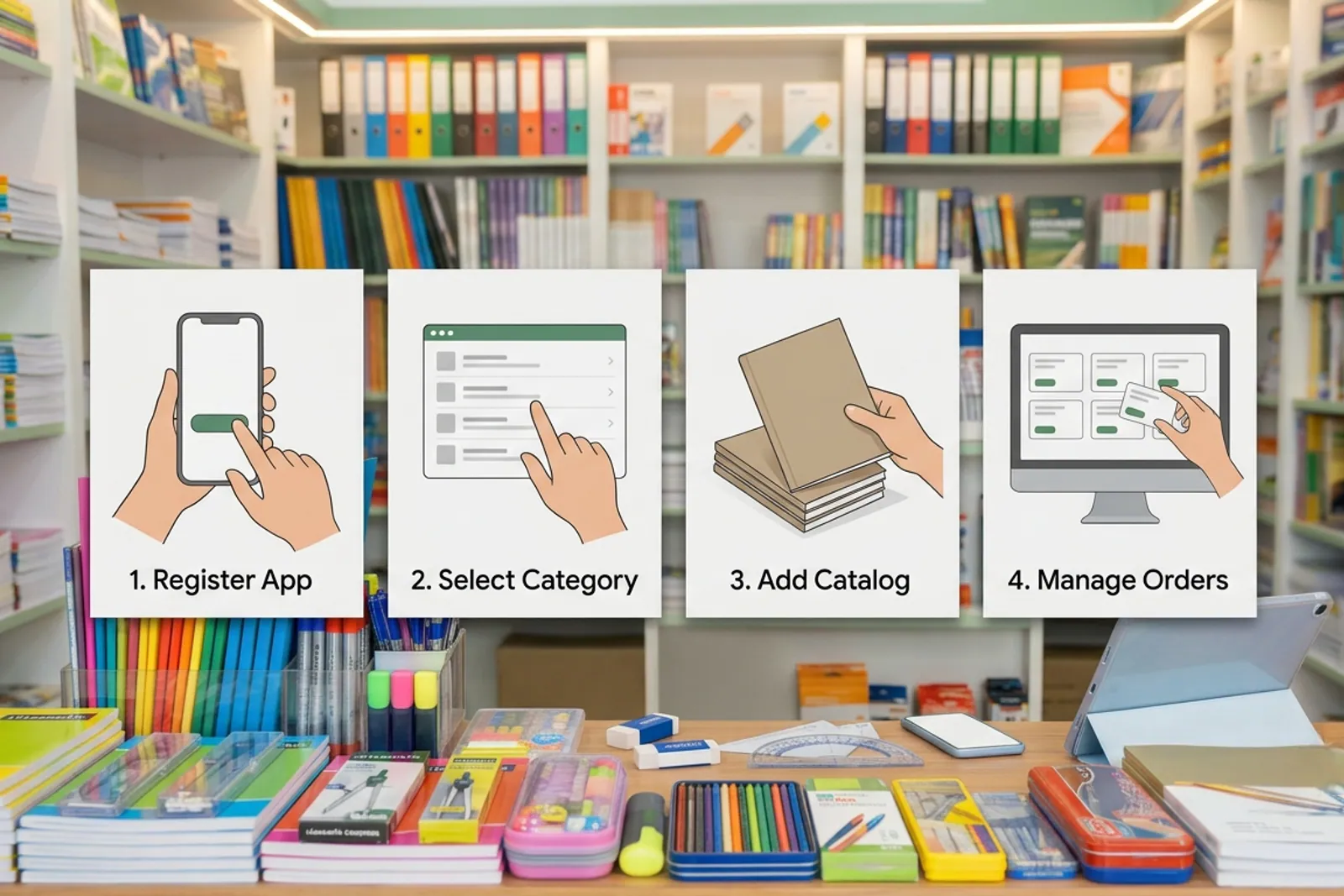Process diagram showing steps to set up an online stationery shop on VoLoMart