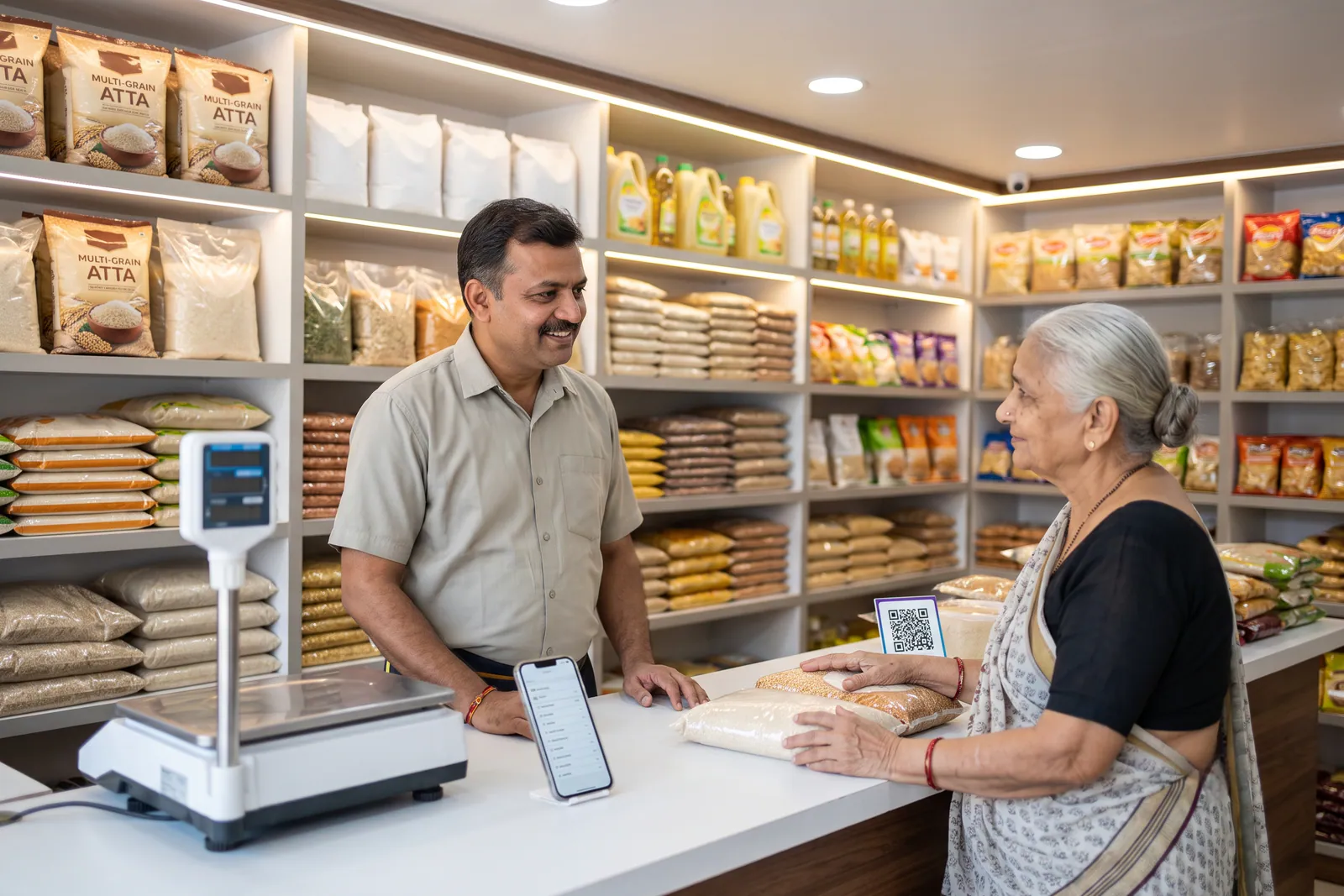 Shopkeeper attending to a customer at the counter while checking order details on a phone