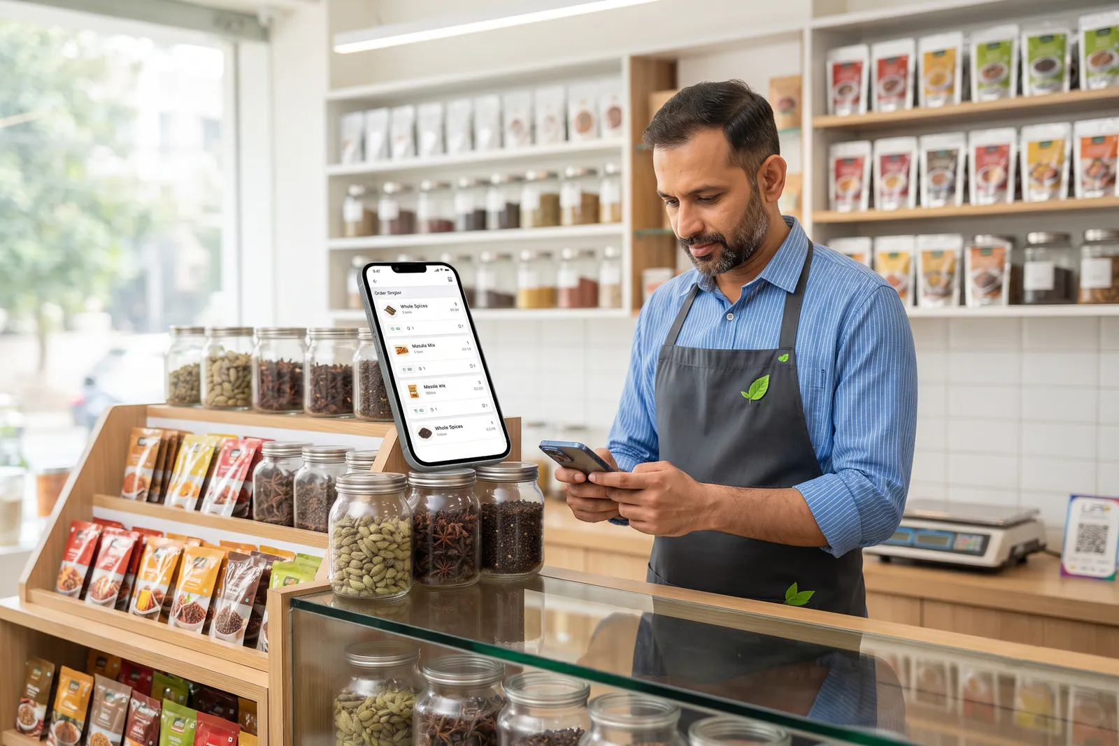 Grocery shopkeeper managing structured digital orders on a smartphone at the neighbourhood counter