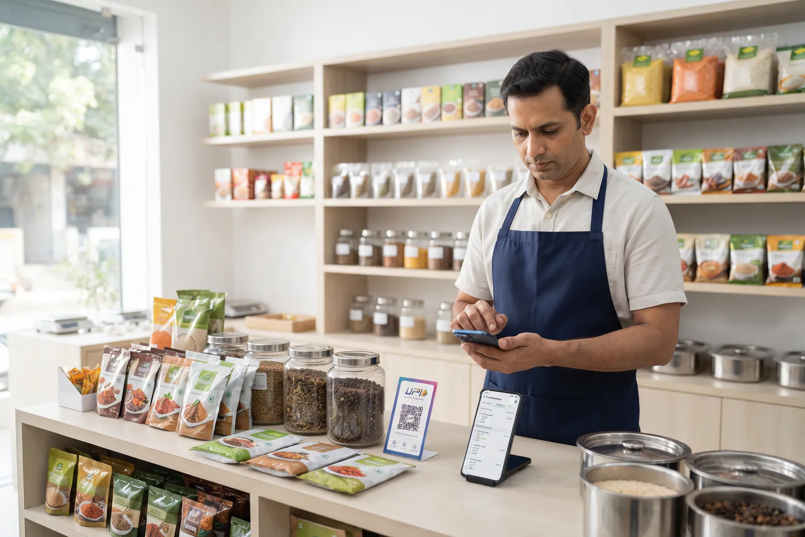 Local kirana store owner checking structured digital orders on a smartphone