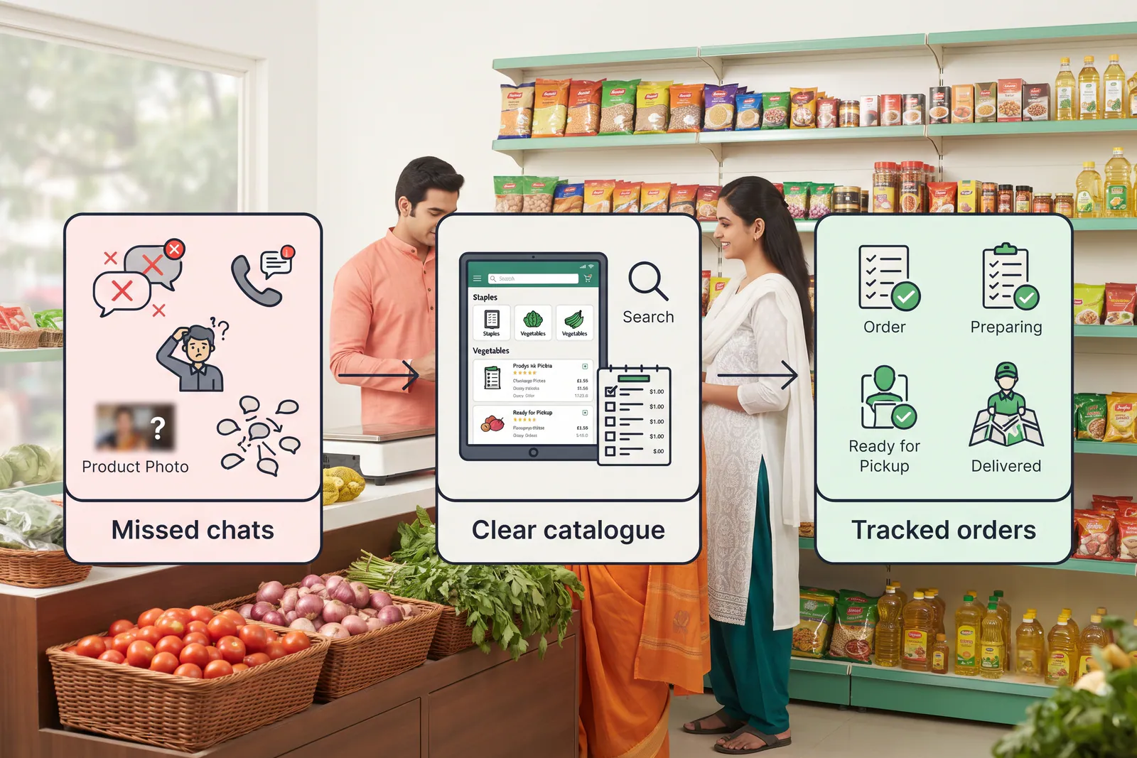 Kirana shop owner updating product prices on a digital tablet inside a well-stocked neighbourhood store
