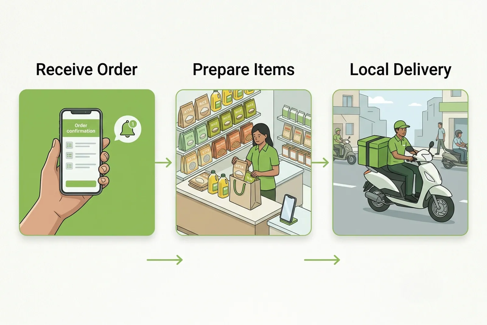 Process diagram showing a neighbourhood vendor managing digital orders through a mobile app