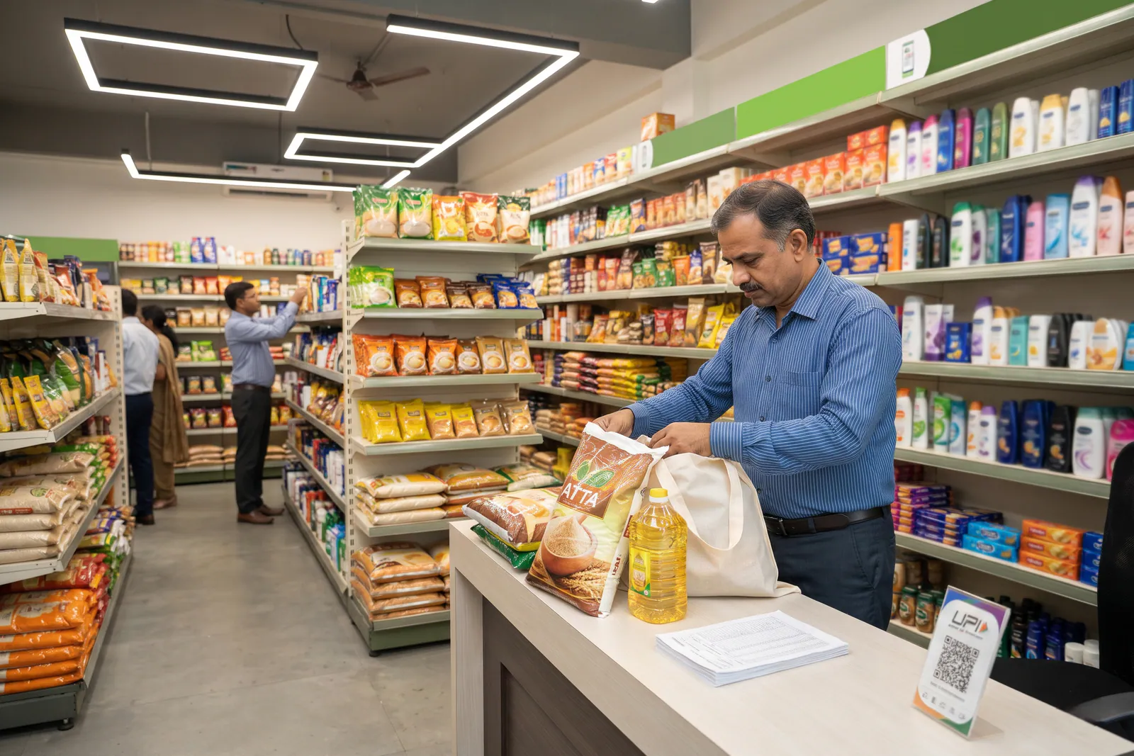 Neighbourhood grocery shop shelf with items arranged for festival buyers