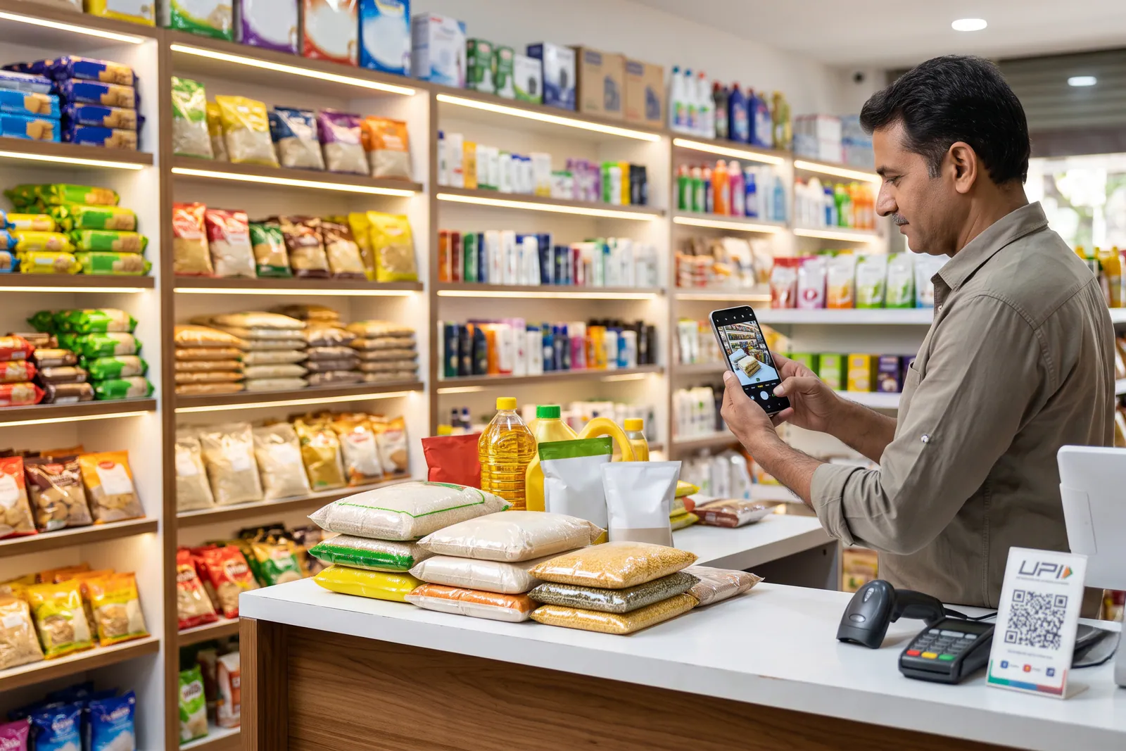 Shopkeeper managing inventory prices on a smartphone in a neighbourhood store