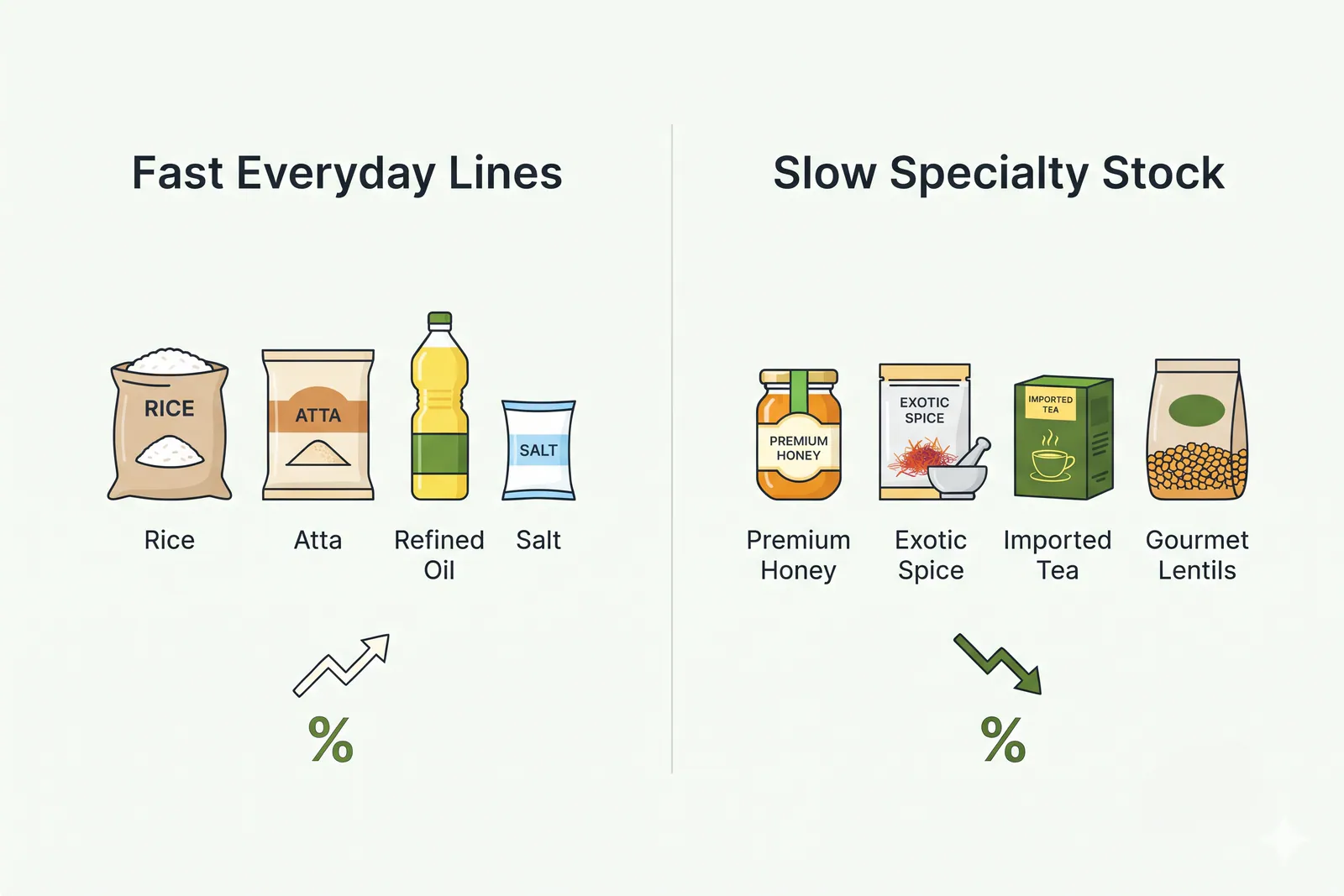 Comparison graphic showing fast everyday grocery items versus slow specialty items