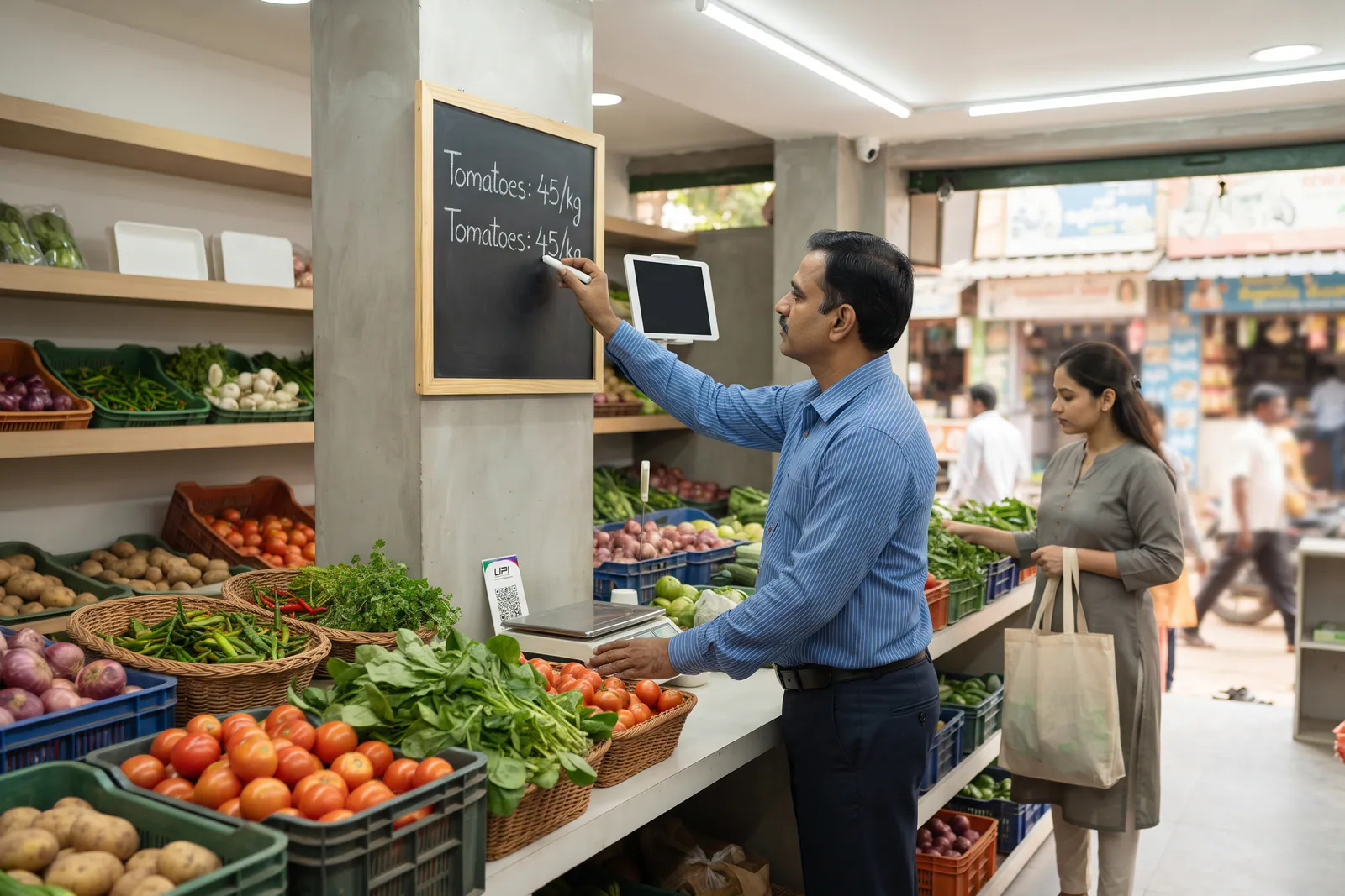 Vegetable corner stall owner updating counter prices next to fresh green produce