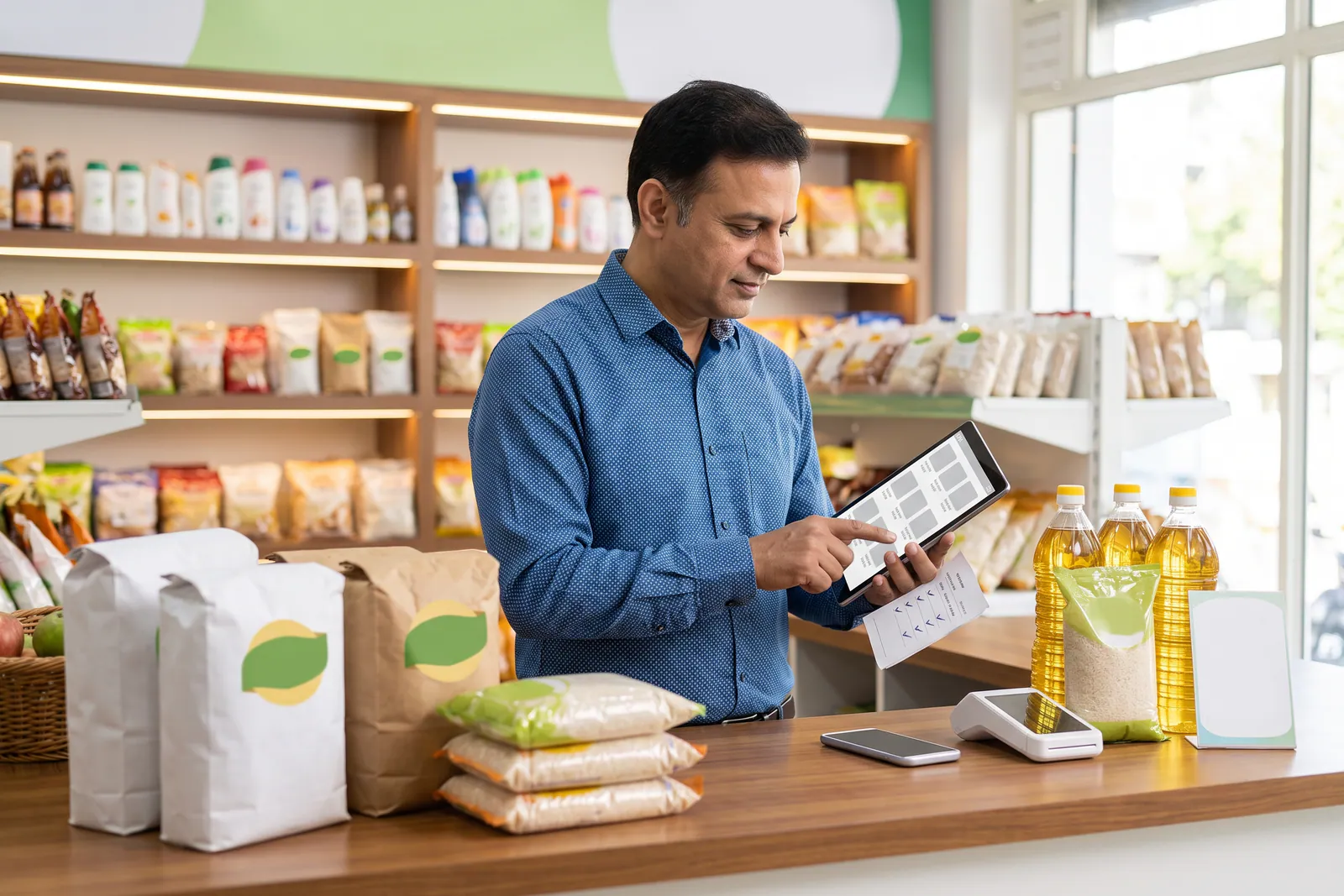 Shopkeeper managing product catalogue and prices on a smartphone inside a local store