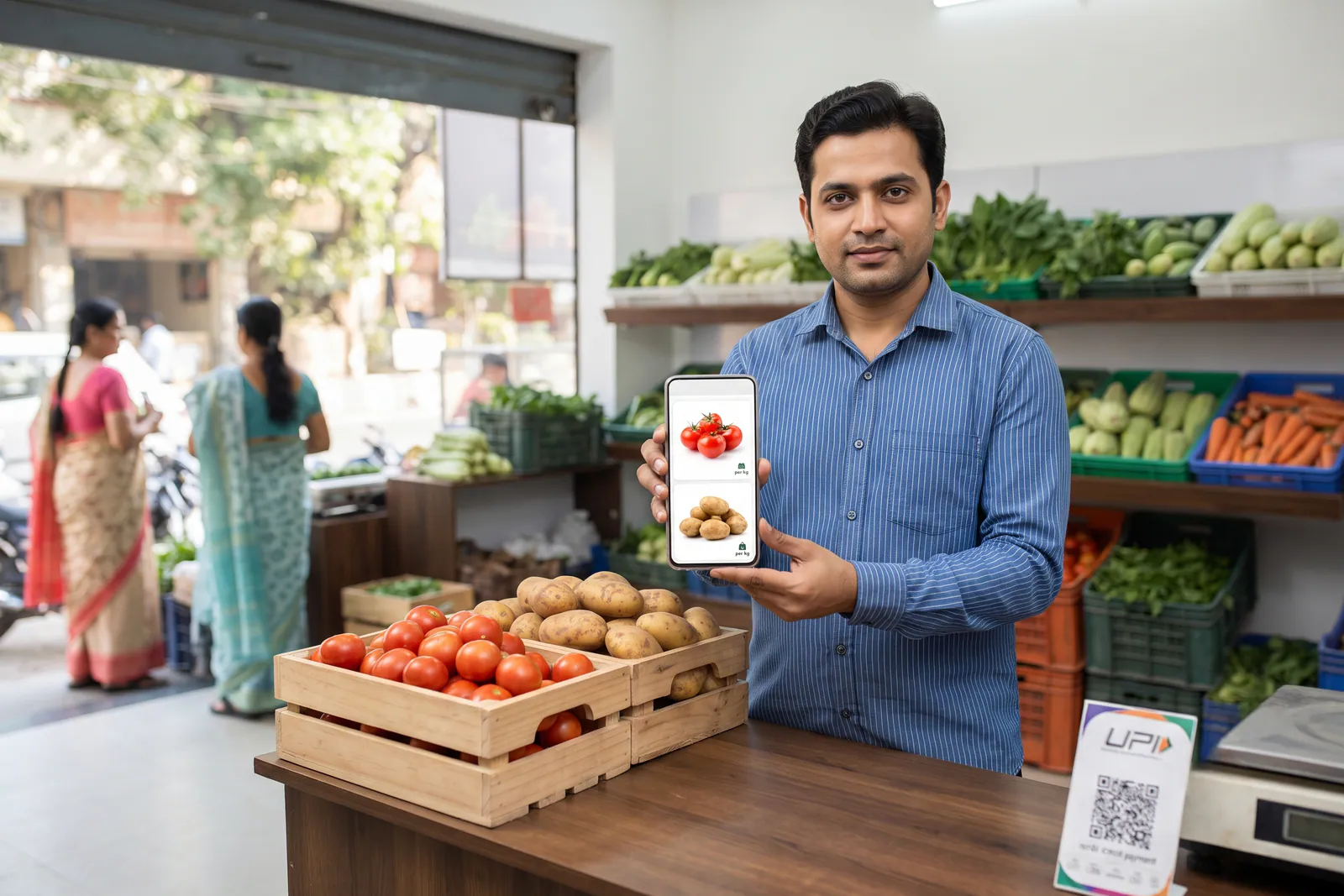 Vegetable vendor checking produce catalogue on mobile app